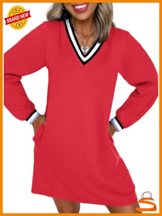Dresses & Skirts - EVALESS Womens V Neck Long Sleeve Casual Tshirt Dress Striped Sweatshirt